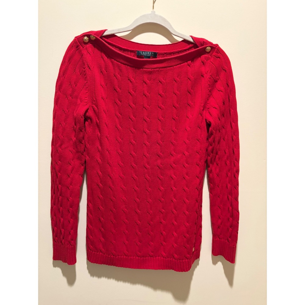 Lauren Ralph Lauren Red Cable Knit Boat Neck Button Shoulder Cotton Sweater M